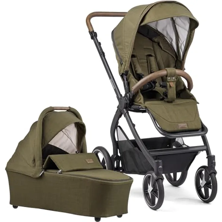 Gesslein Kinderwagen FX4 STYLE, Baby Erstausstattung (leichtes Kinderwagen Set mit Liege- und Sitzoption, individuell einstellbar, hoher Komfort, Fünf-Punkt-Sicherheitsgurt, Kinderwagen 3 in 1), Moos