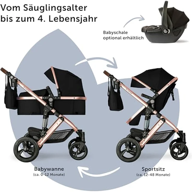 Bergsteiger Nizza 3 in 1 Kinderwagen, Kombikinderwagen Komplettset, inklusive Babywanne & Buggy Sportsitz, optional mit Auto-Babyschale & Isofix Station - Bergsteiger Nizza Kinderwagen Set, grau – Bild 4