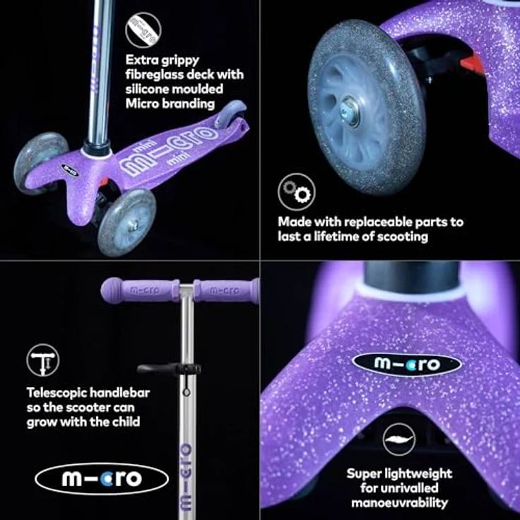 Micro Mobility mini micro Deluxe Fairy Glitter, Scooter mit LED Rollen, höhenverstellbar, für Kinder von 2-5 Jahren, violett glitzernd, MMD207 – Bild 5