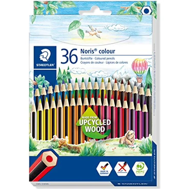 STAEDTLER Buntstifte Noris colour, rutschfeste Soft-Oberfläche, hohe Bruchfestigkeit, Made form Upcycled Wood, intensive Farben, Sechskantformat, 36 Farbstifte im Kartonetui, 185 CD36