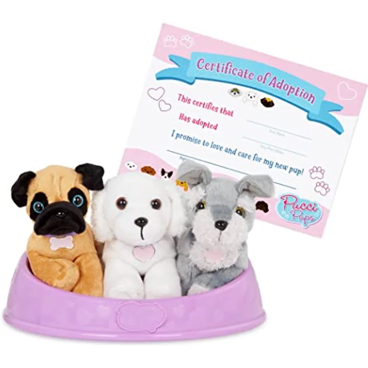 Pucci Pups 3 Kuscheltier Hunde Mops, Malteser und Schnauzer im Hundebett mit Zubehör – Plüschtier Welpen Set Adopt-a-Pup – Spielzeug für Kinder ab 2 Jahre