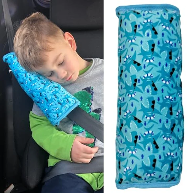 HECKBO Auto Schlafkissen Gurtpolster in Hai-Optik, maschinenwaschbar, für Kinder, lebendig blau, ergonomisch und komfortabel – Bild 1