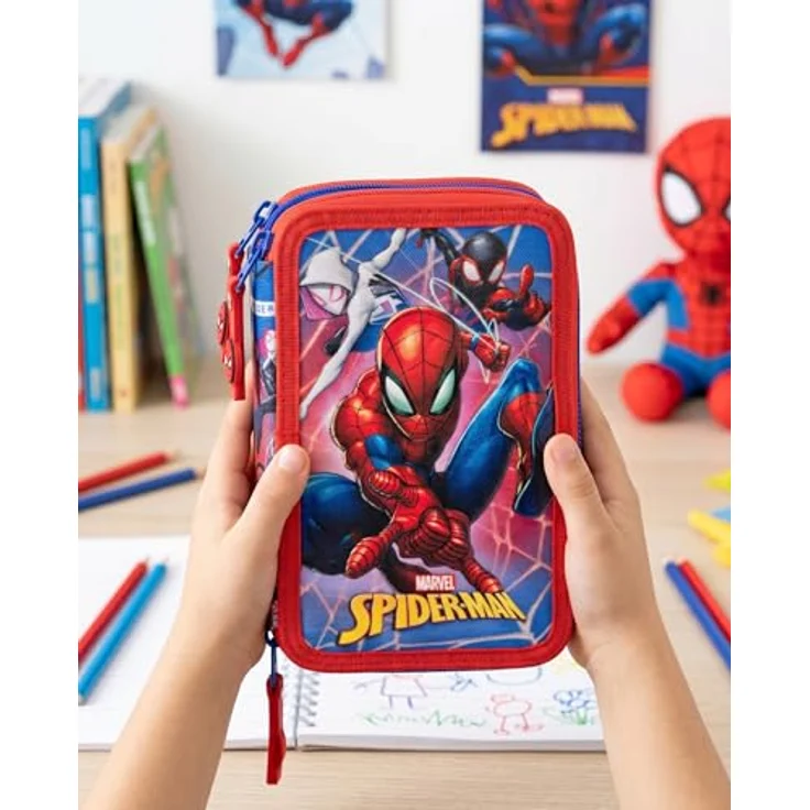 Clondo 3-Fach Federmäppchen für Jungen, gefüllt für Spiderman-Fans, 46-teilig mit radierbaren Stiften, Filzstiften und Buntstiften, Rot und Blau – Bild 5