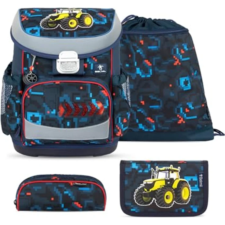 Belmil Schulranzen "Mini-Fit" 2026, 4-teiliges Set für 1. Klasse mit Sportbeutel, Federtasche, Schlamper, Brustgurt, Trecker-Design für Jungen – Bild 1