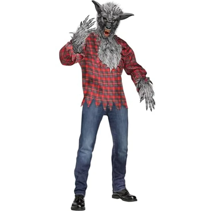 Fun World Division Werwolf Kostüm grau, dreiteilig mit Maske und Händen, für Erwachsene