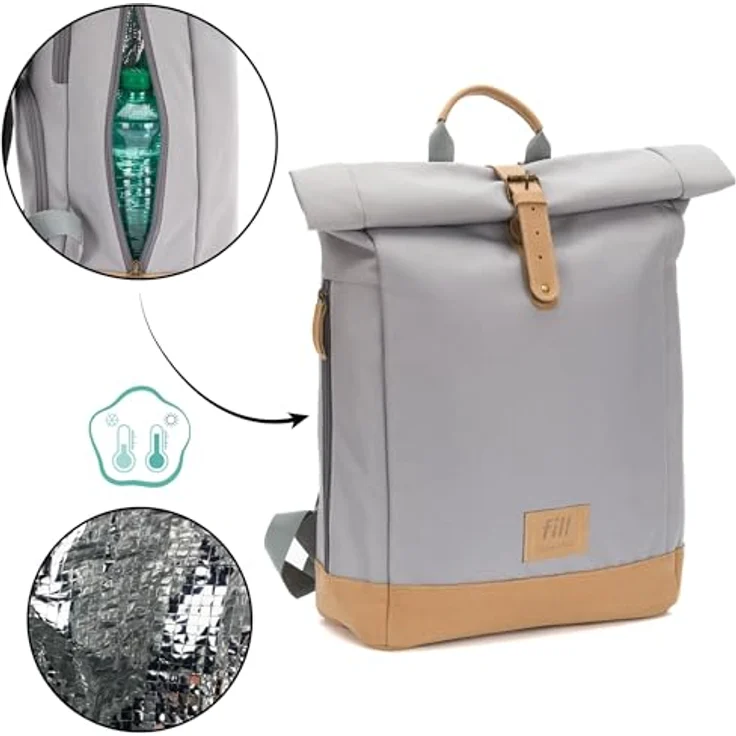 Fillikid Wickeltasche Berlin, Rolltop-Design, 25 Liter, inklusive Wickelunterlage, witterungsbeständig aus Rauhleder und Polyurethan, mit Thermofach und Schnellzugriff – Bild 5
