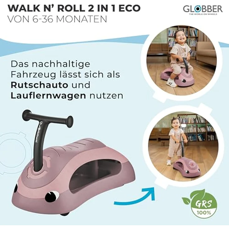 GLOBBER WALK N' ROLL 2in1 ECO, Lauflernwagen und Rutschauto mit werkzeuglosem Umbau, kippsicher, recycelte Materialien, beere – Bild 2