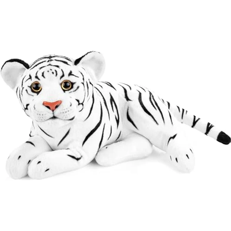 BRUBAKER Tiger Kuscheltier, 30 cm Stofftier aus weichem Plüsch, detailgetreue Raubkatze Liegend, weiß, handwaschbar – Bild 1