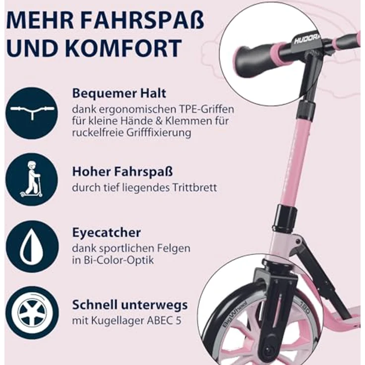 HUDORA BigWheel® 180 Advanced Junior - Rosé - Kinder Roller ab 3 Jahre - Höhenjustierbarer City Roller mit Reflektoren - bis 60 kg – Bild 3