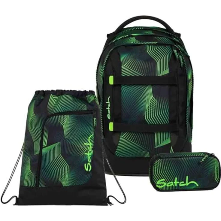 Satch Pack Schulrucksack Set 3tlg. mit Schlamperbox und Sportbeutel, 30 Liter Volume, 3D Soft-Mesh Rückensystem, Seismic Green – Bild 1