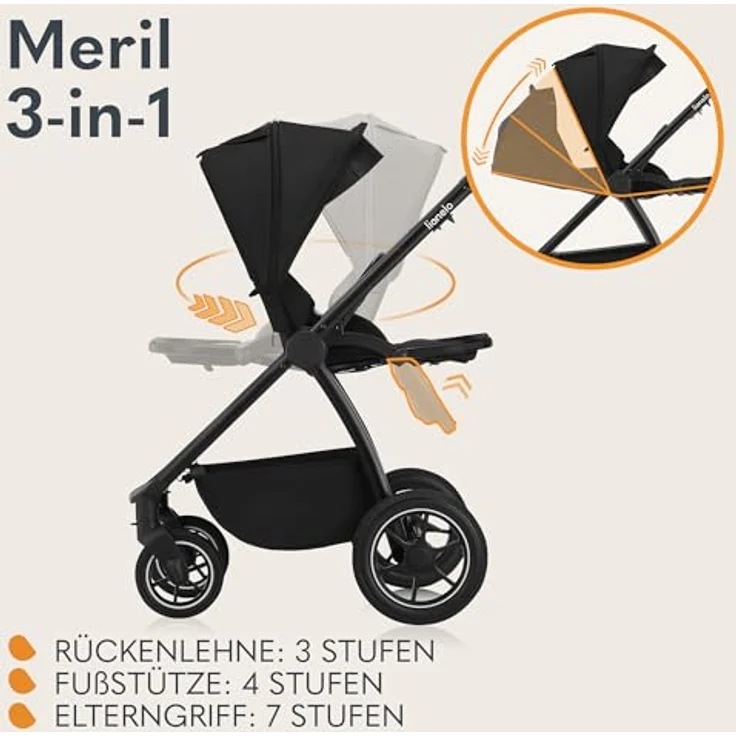 Lionelo Meril 3-in-1 Kombikinderwagen, XL-Babywanne bis 9 kg, ADAC-zertifizierter Kindersitz bis 13 kg, geländegängige Gummiräder, vollgefederte Konstruktion - Black – Bild 4