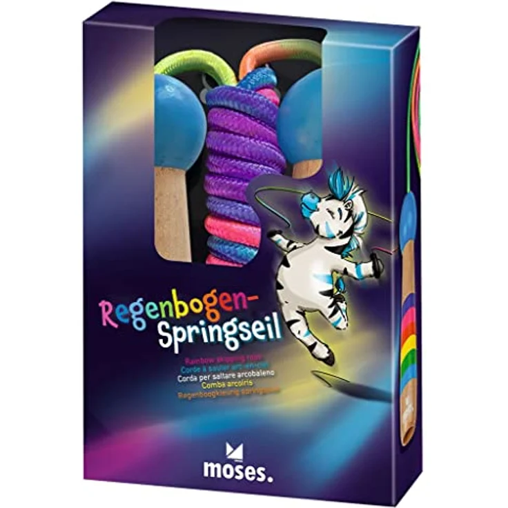 moses. Regenbogen Springseil, verstellbares Hüpfseil für Kinder, buntes Seil aus Polyester mit Holzgriffen, trainiert Ausdauer, Kraft und Fitness – Bild 2