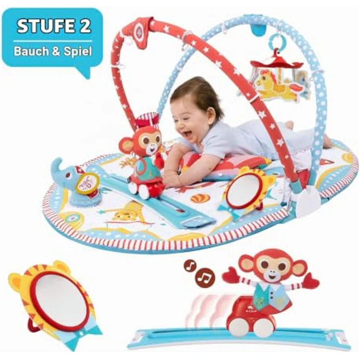 Yookidoo Zirkus Baby Spielmatte Gym, 3-in-1 Activity Center mit motorisiertem Musik-Mobile, Bauchlage-Kissen, Spiegel & strukturierten Tierfiguren für 0–12 Monate – Bild 3