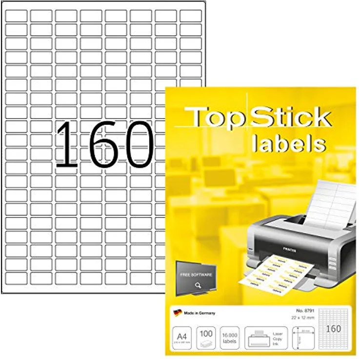 TopStick 8791 Universal Etiketten, 100 Blatt, selbstklebend, bedruckbar, matt, weiß, 22 x 12 mm, 16000 Stück