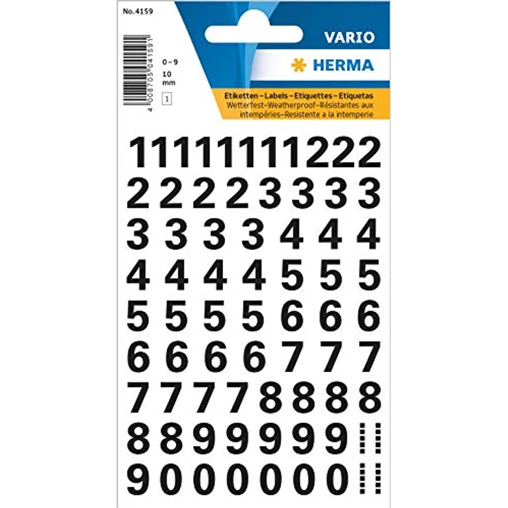HERMA 4159 Zahlen Aufkleber schwarz 0-9, Schriftgröße 10 mm, 71 Stück, selbstklebend, wetterfest, klein, Nummer Ziffer Klebezahlen Sticker Hausnummern aus Folie zum Aufkleben, transparent – Bild 1