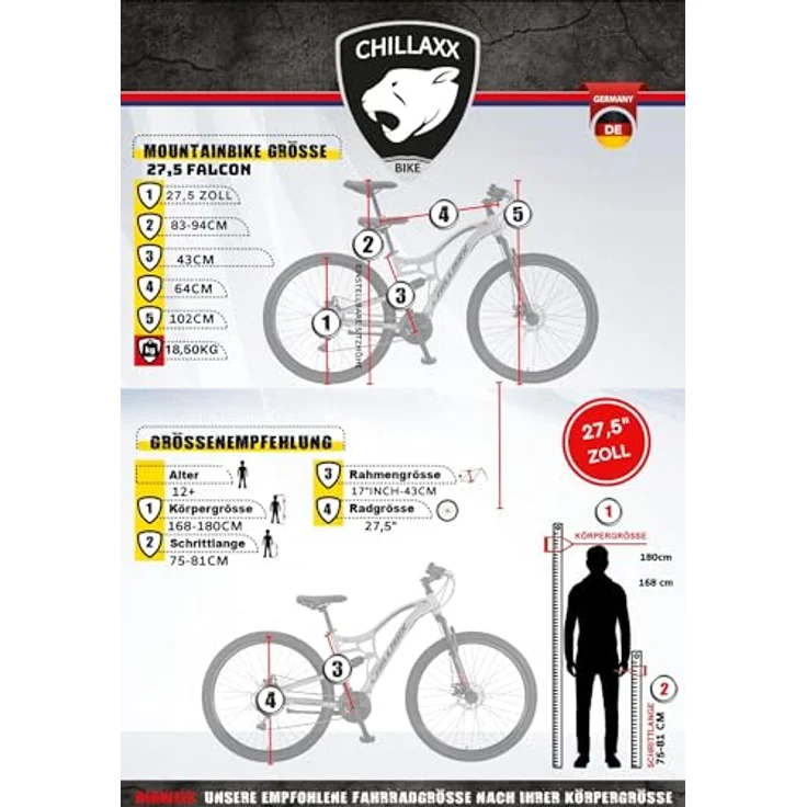 Chillaxx Bike Falcon Premium Mountainbike in 24 und 26 Zoll - Fahrrad für Jungen, Mädchen, Damen und Herren - Scheibenbremse- 21 Gang-Schaltung - Vollfederung (Schwarz-Disc-Bremse, 27,5 Zoll) – Bild 5