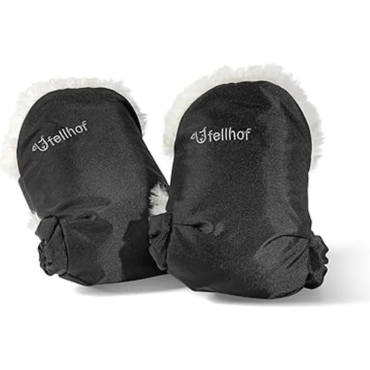 Fellhof® Kinderwagen Handwärmer UNI, 100% Merino-Lammfell, wind- und wasserabweisend, reflektierende Streifen, OEKO-TEX® zertifiziert, schwarz