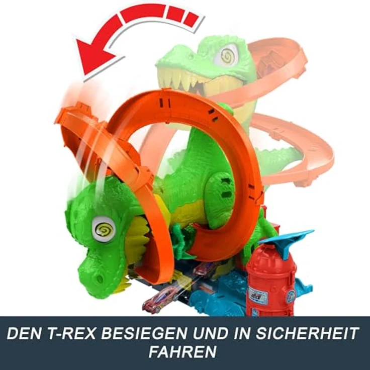 Hot Wheels T-Rex-Schlacht Rennbahn, Autorennbahn mit Die-Cast Feuerwehrwagen im Maßstab 1:64, interaktive T-Rex-Funktionen und Aufbewahrungsmöglichkeiten für Autos – Bild 5