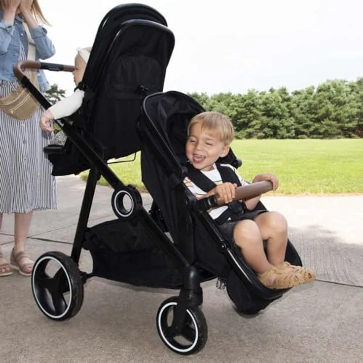 Baninni Geschwister Kinderwagen Luiz - Zwillingswagen mit Umbaubaren Sitzen in Babywanne, Schwarz – Bild 2