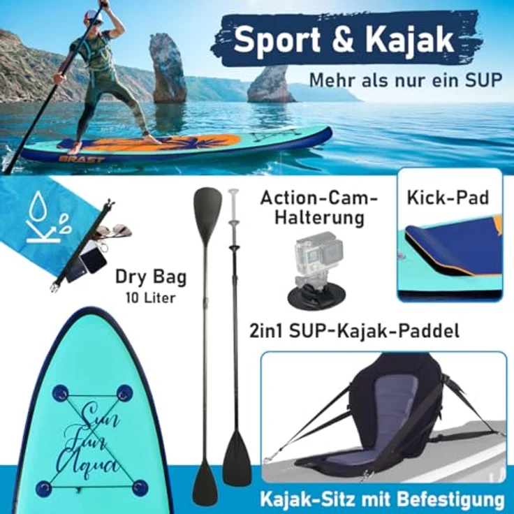 BRAST SUP Board Tropic, Aufblasbares Stand up Paddle Set, 320x81x15cm, 140kg Tragkraft, 6 Designs, 5 Jahre Garantie, inkl. Kajaksitz, 2in1 Paddel, Action-Cam-Halterung, Rucksack, Pumpe – Bild 4