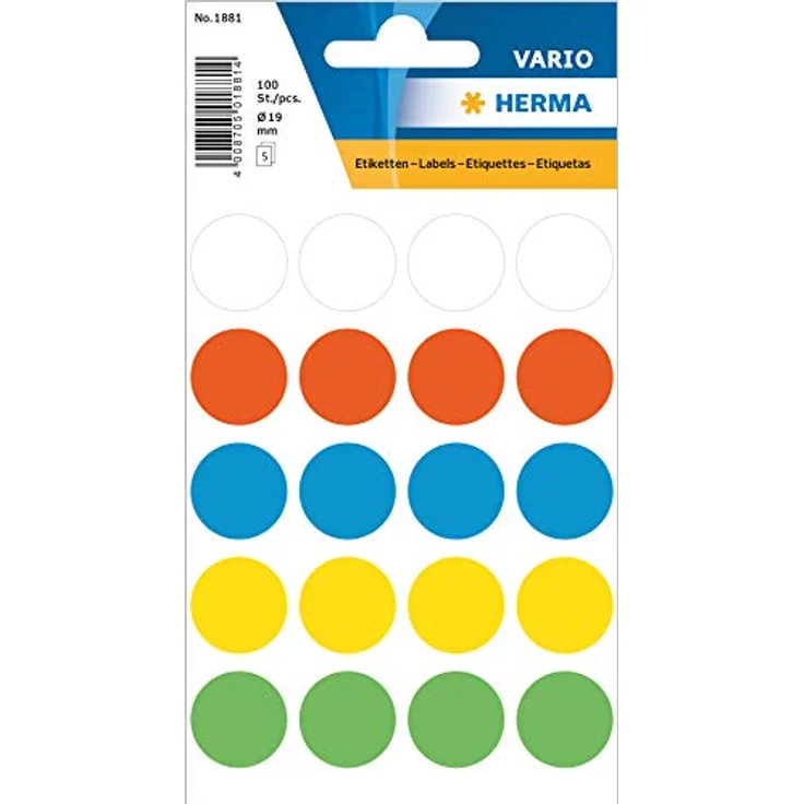 HERMA 1881 Punktaufkleber Klebepunkte bunt, 100 Stück, Ø 19 mm, 20 pro Bogen, selbstklebend, Markierungspunkte für Kalender Planer Basteln, matt – Bild 1