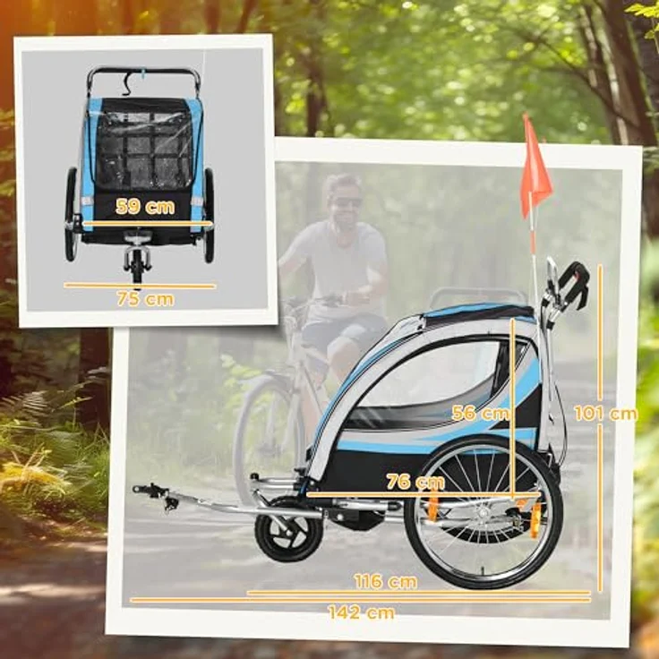 HOMCOM Fahrradkinderanhänger Kinderanhänger Kinderwagen, blau, 5-Punkt-Sicherheitsgurt, Universalkupplung – Bild 7