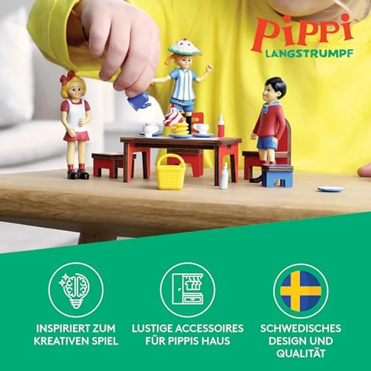 Micki Figurka Pippi, Sammelfigur mit blau-weißer Schürze und Zubehörset für Teestunde in Pippis Garten – Bild 2