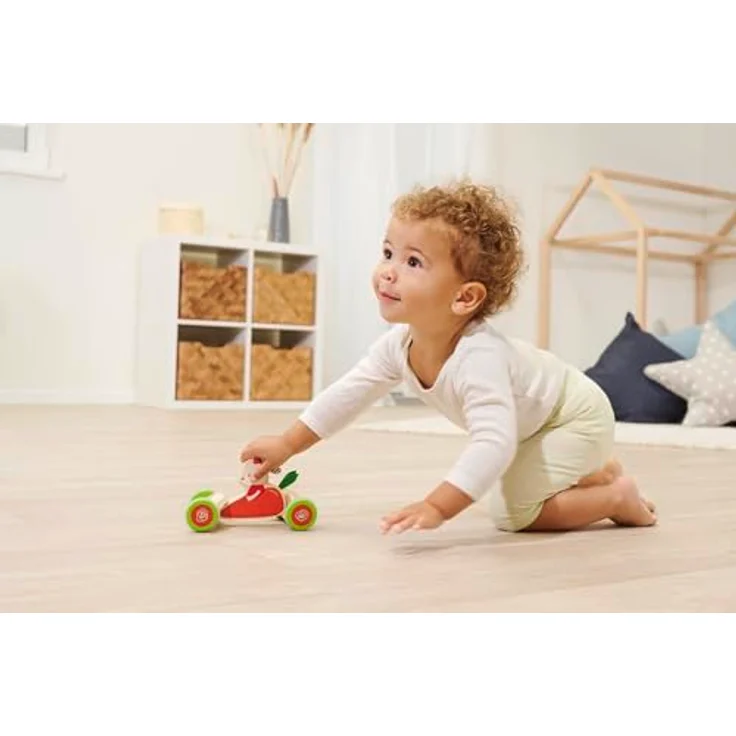 Eichhorn Greifspielzeug Schiebefahrzeug, Hasen-Karotten Motiv, FSC®-zertifiziert, 16 cm, geräuschlose Silikonreifen – Bild 3