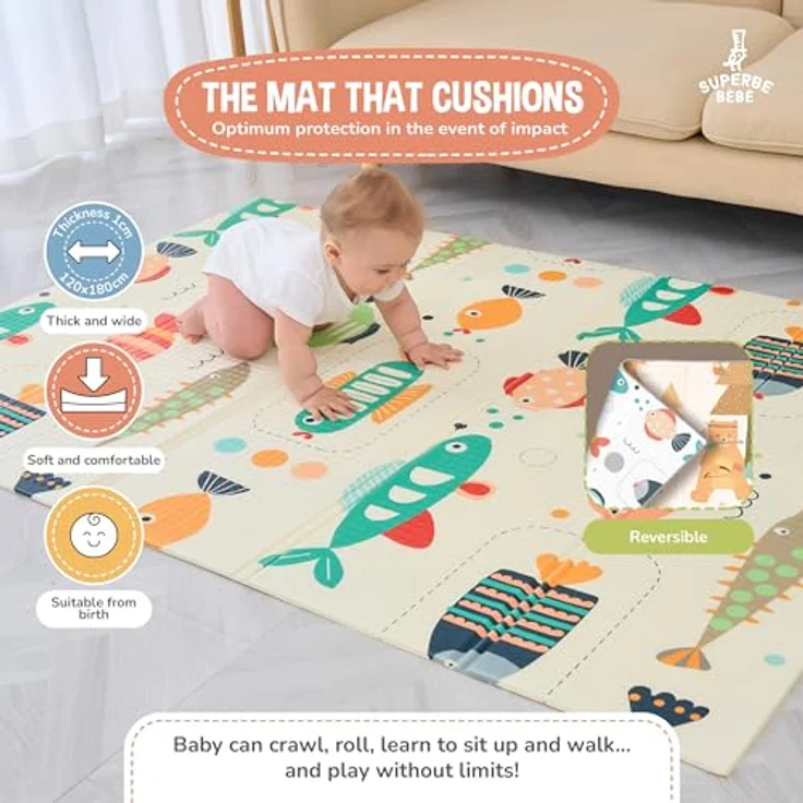 SUPERBE BEBE Krabbelmatte Faltbar, Spielmatte 120x180x1cm, Ökologisch & Schadstofffrei, Wasserfest, Antirutsch, Umkehrbar, Pädagogisch, Multifunktional – Bild 2