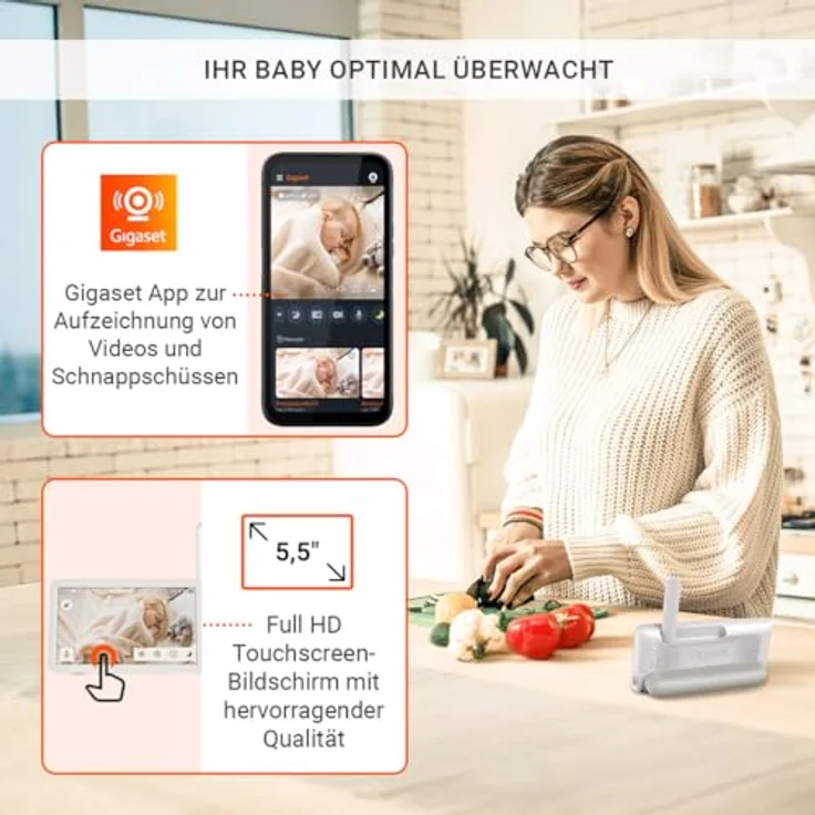 Gigaset Baby 700 Connected, Video-Babyphone mit 5,5" Full HD Touchscreen, sicherer FHSS & WLAN Übertragung, lange Akkulaufzeit, große Reichweite, mit Gigaset App, Cream White/Warm Grey – Bild 4