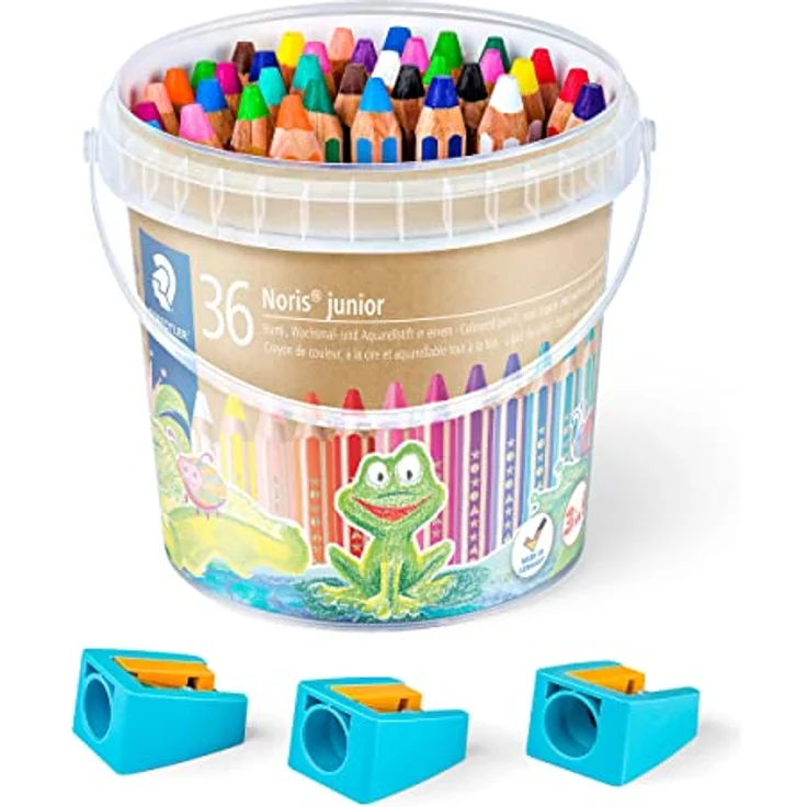 STAEDTLER 3in1 Buntstift Noris junior Bunt-,Wachsmal- und Aquarellstift, extra bruchsicher, ideal für Kinder, für viele Oberflächen, Classpack mit 36 Farben inkl. 3 Spitzer, 140 C36 – Bild 2