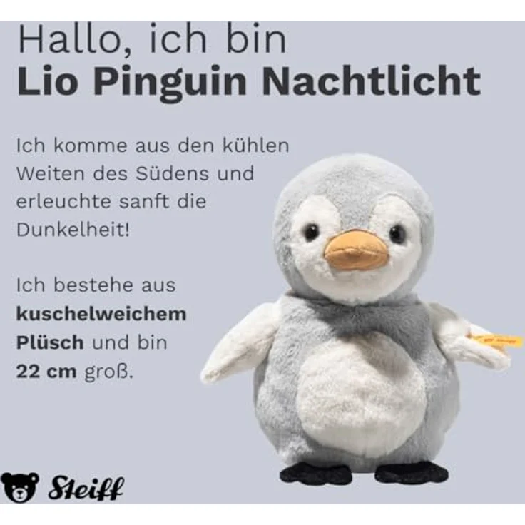 Steiff Nachtlicht Pinguin Lio, 22 cm, grau und cremeweiß, Kuscheltier mit entnehmbarem Nachtlicht – Bild 2