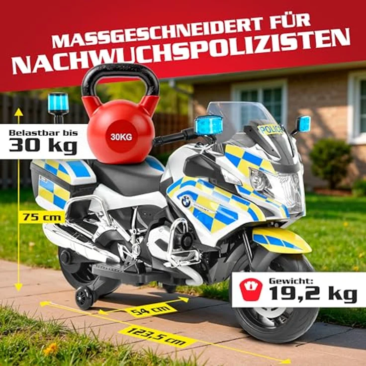 HECHT Kinder Motorrad | BMW R1200RT Polizei | bis 6km/h | 35W | mit Stützräder | Koffer | Radio | Blaulicht | Sirene | 12V Akku, 7 Ah – Bild 5