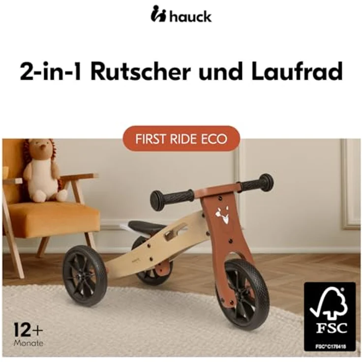 Hauck First Ride Eco, Fuchs - 2 in 1 Holz Dreirad Rutscher & Laufrad mit höhenverstellbarem Sattel, 7,5 Zoll Räder für Kinder ab 1 Jahr bis 20 kg, Tragegriff, Anti-Rutsch-Griffe – Bild 2