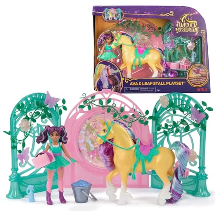 Spin Master Anziehpuppe Unicorn Academy - Stall Spielset, Ava & Leaf mit Farbwechseleffekt und 15 Zubehörteilen – Bild 1