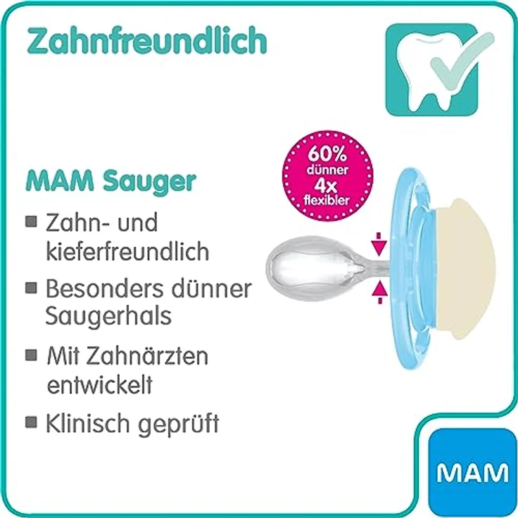 MAM Perfect Night Schnuller im 2er-Set, leuchtend im Dunkeln, zahnfreundlicher Baby Schnuller aus nachhaltigen & bio-erneuerbaren Materialien, mit Schnullerbox, 16+ Monate, Tiger/Vogel – Bild 3