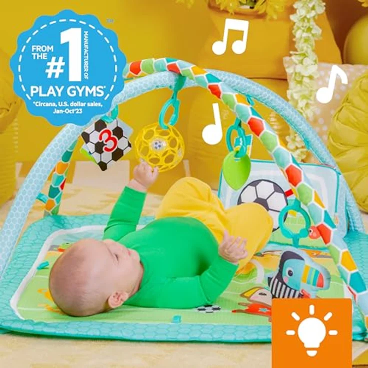 Bright Starts Grip & Kick Activity Gym, Spielbogen mit Licht- und Soundeffekt, abwaschbare Matte, 30 Melodien, für Neugeborene – Bild 3