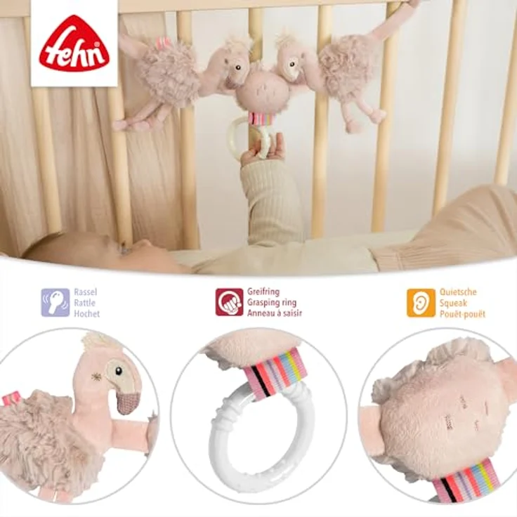 Fehn Kinderwagenkette Flamingo, Spielkette mit Rasselgeräuschen und Greifring, pink – Bild 3