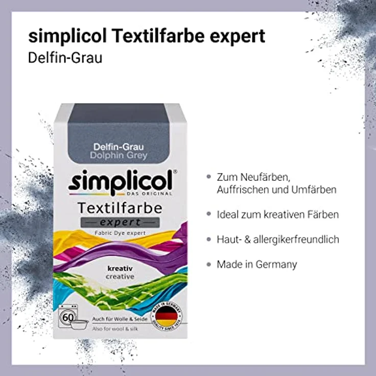 simplicol Textilfarbe expert Delfin-Grau 1717 - Zum Umfärben und Auffrischen von Kleidung, Waschmaschinenfest, für Baumwolle, Wolle, Seide, Leinen, Viskose & Mischgewebe – Bild 3