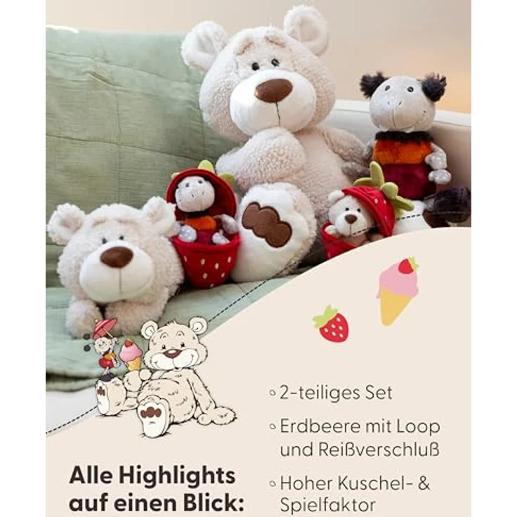 NICI Kuscheltier Bär Bendix 13cm I Plüschtier mit Plüsch-Erdbeere Anhänger GREEN - Nachhaltiges Stofftier für Schmusetierliebhaber - 49435 – Bild 4