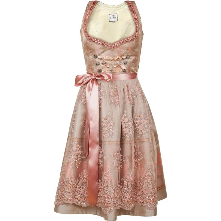 Edelnice Dirndl Rosalie, Kinderdirndl in goldenem Brokatstoff mit roséfarbenem Rosenmuster