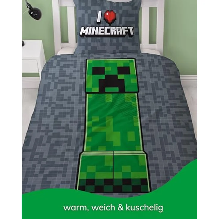 MTOnlinehandel Kinderbettwäsche Minecraft 135x200 + 80x80 cm 100% Baumwolle, Biber, 2 teilig, Wende-Motiv, Gaming, Schriftzug "I love Minecraft" – Bild 3