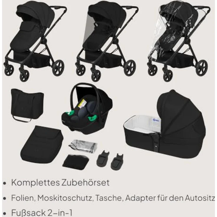 Lionelo Greet 3in1 Kombikinderwagen mit Babyschale und Sportsitz, Leichtgewicht, UPF50+, Wendbarer Sportsitz, Schwarz – Bild 11