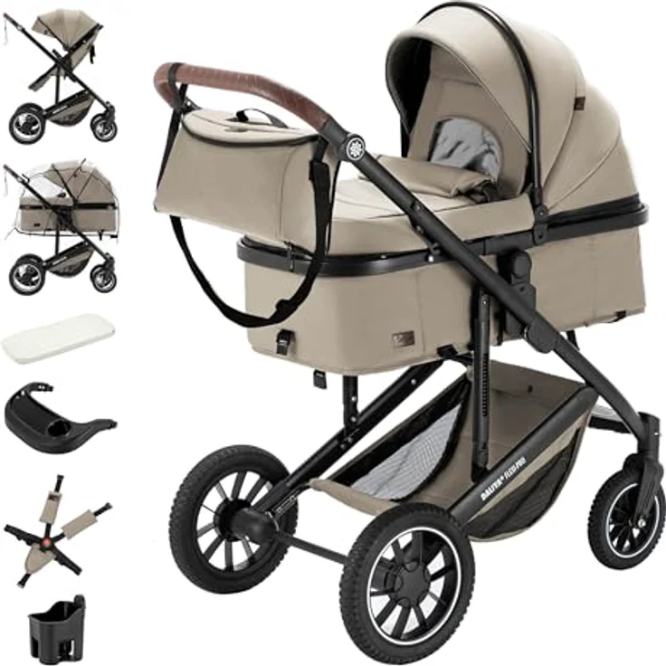 Daliya FLEXI-PRO M 2in1 Kombikinderwagen, klappbar mit Liegefunktion, höhenverstellbar, abnehmbarer Babywanne und großem Einkaufskorb, Beige Leinen – Bild 1