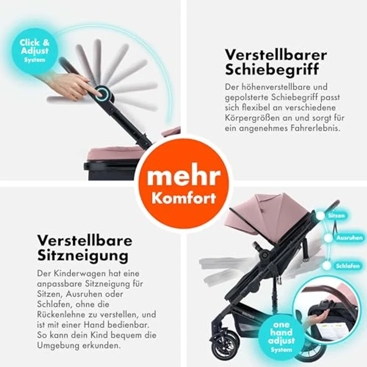 Daliya® NEOMOVE 2in1 Kombi-Kinderwagen | Buggy mit klappbarer Babywanne und Sportsitz | Leichter Alu-Rahmen, große pannensichere Räder, individuell einstellbare Rückenlehne | Großer Einkaufskorb (Schwarz-Rosa) – Bild 3
