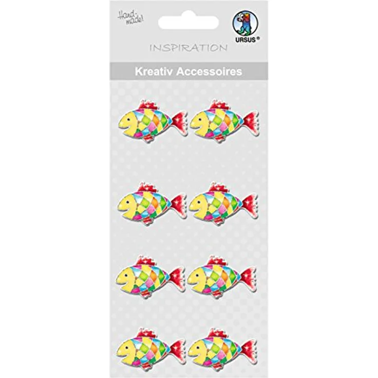Ursus 564000266 - Kreativ Accessoires, bunter Fisch, 8 Stück, selbstklebend, aus verschiedenen hochwertigen Materialien, zum Dekorieren von Karten und Geschenke
