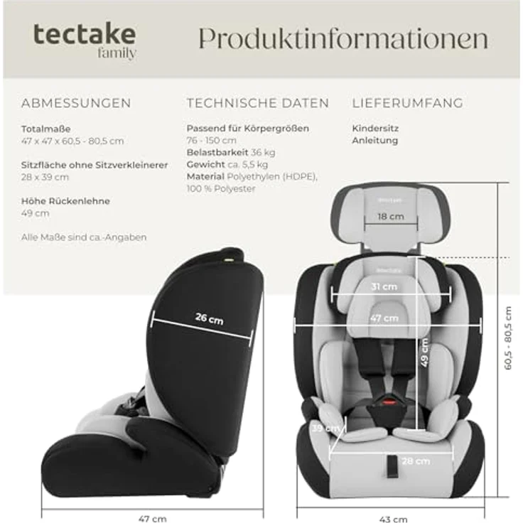 tectake Autokindersitz Sophie, i-Size mit 5-Punkt-Gurt, für 9-36 kg, höhenverstellbare Kopfstütze, ab 15 Monate, optimaler Komfort, schwarz – Bild 6