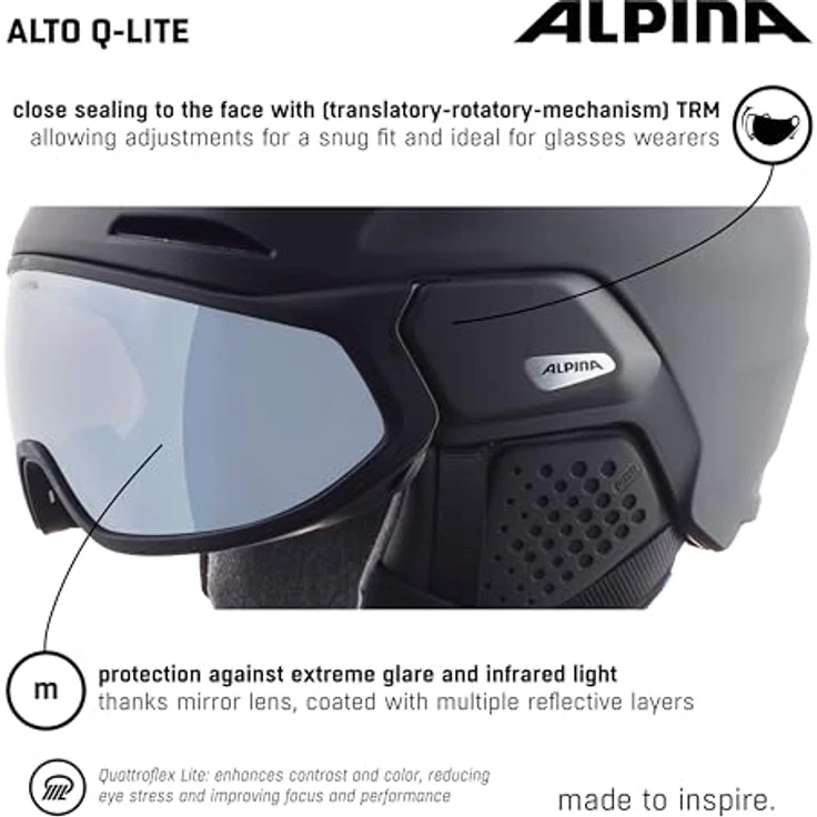 ALPINA ALTO Q-LITE - Sicherer, Stoßabsorbierender & Individuell Anpassbarer Skihelm Mit Kontrastverstärkendem Visier Für Erwachsene, black matt, 51-55 cm – Bild 4