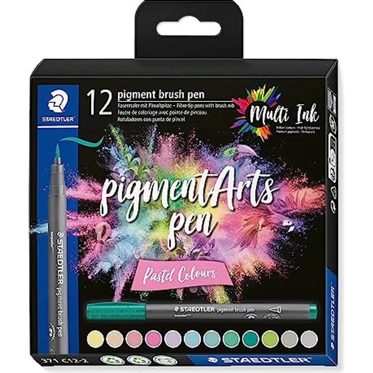 Staedtler brush pen pigment Arts, pastell, Premium-Zeichentusche, wasserfest, 12 brush pens in sortierten pastel colours, Pinselspitze für variable Linienbreite – Bild 1