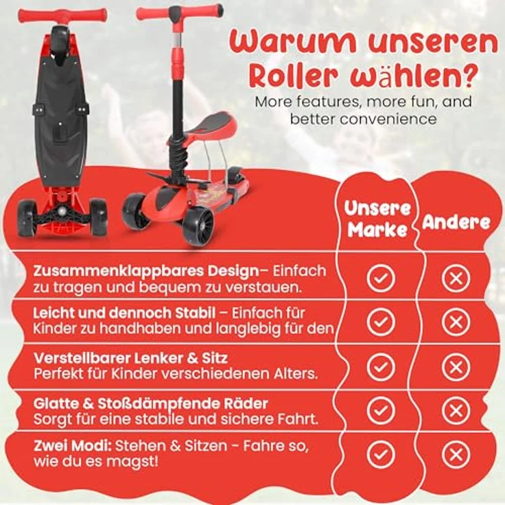Habib Gruppe 3-in-1 Kinderroller mit Sitz, höhenverstellbar, faltbar, LED Räder, geeignet für Kinder ab 3 Jahren (bis 50kg), Rot – Bild 4